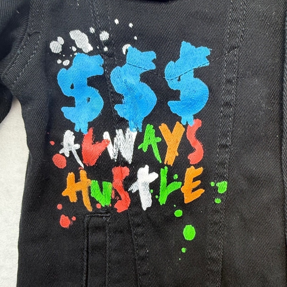 Akademiks Jean Jacket Black Y2K Graffiti Denim Jacket Street Size L 14/16 - Picture 6 of 14